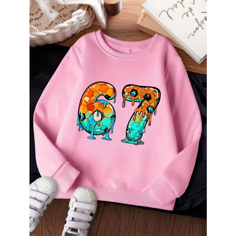 Unisex Kids Crewneck Sweatshirt For Over 4 Years Old Boys Girls Gradient Diamond Drip Melting Number 67  Pullover Top For 4-12 Children