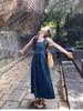 Blue Sleeveless Denim Tube Top Dress for Women Spring Summer New Style Square Neck Slim Fit French Style Long Dress