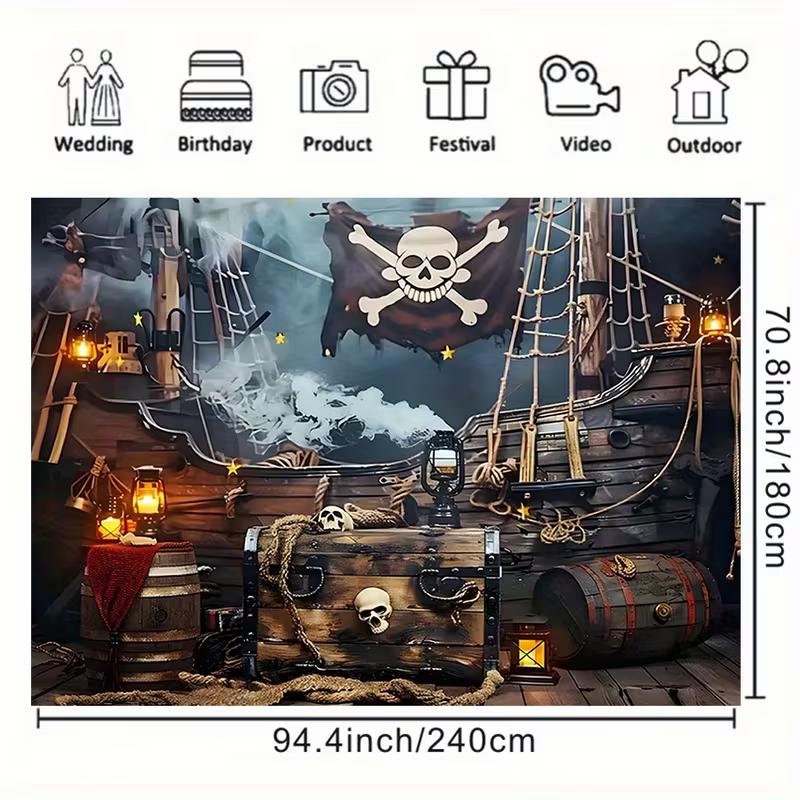 2D Piratenschiff Kulisse Totenkopf mit gekreuzten Knochen Flagge Schatztruhe Hintergrund für Party