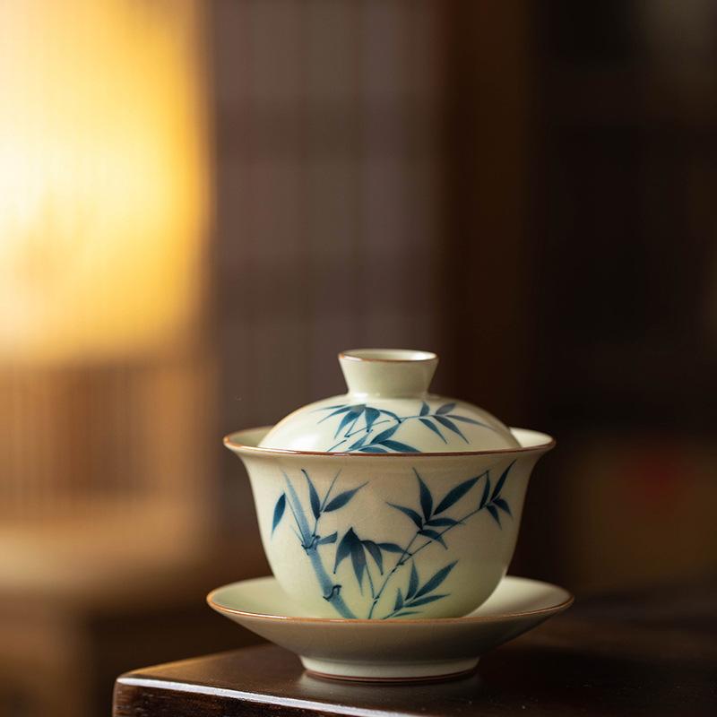 Huang Ru Kiln pure hand-painted bamboo teacup master cup ceramic high-end tea teapot cover bowl tea cup kung fu tea set