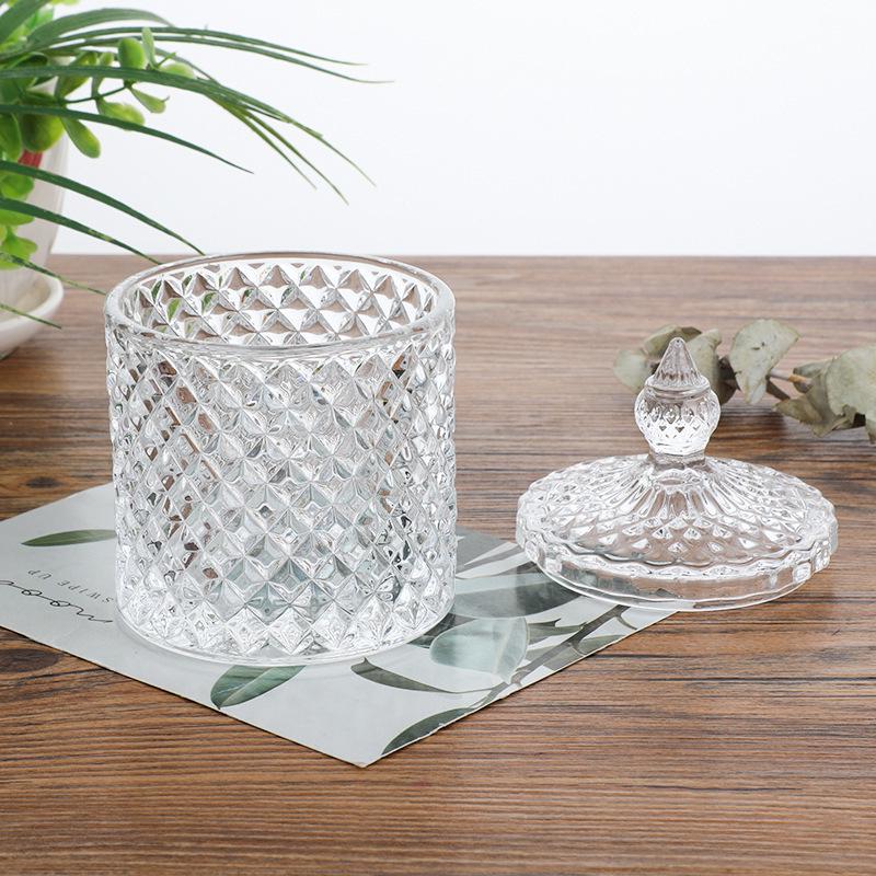 Clear Crystal Embossed Glass Yurt Candle Holder & Candy Jar with Lid