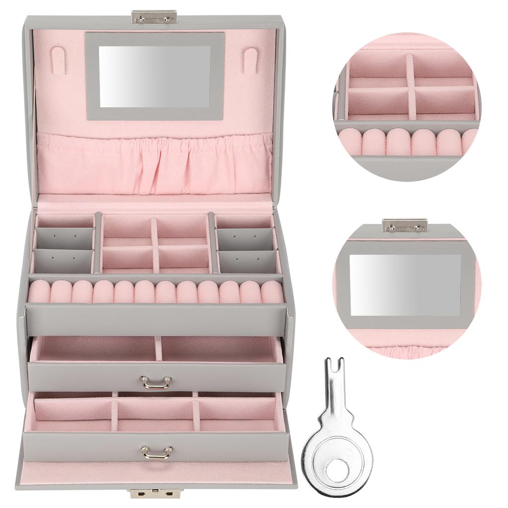 Three Layer Jewelry Storage Box PU Leather Necklace Rings Earrings Holder OrganizerGray