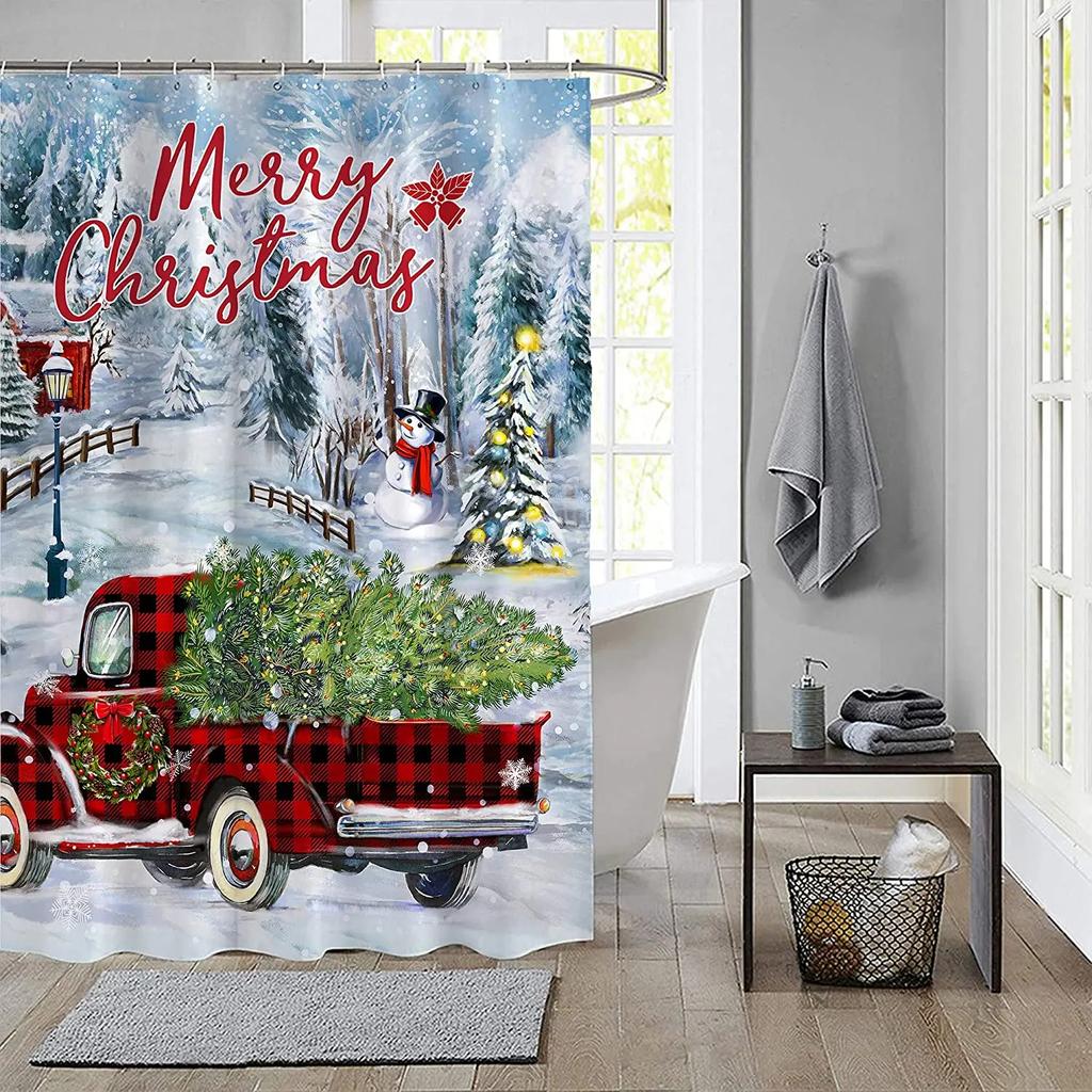Christmas Shower Curtain Fireplace Gifts&Socks New Year Holiday Bathroom Decor Red Shower Curtains for Christmas Bathroom Sets