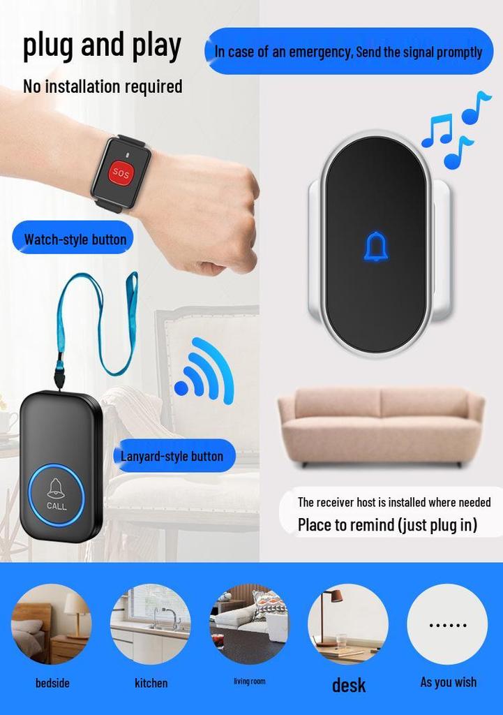 Waterproof Wireless Doorbell with 3 Receivers, 2 Transmitters, Remote Control, Long-Range Elderly Call Device & Wristband.