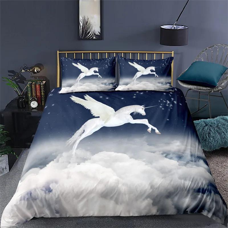 Bettbezug mit weißem Drachenpferd, 3D-Einhorn-Bettwäscheset für Teenager und Kinder, Mikrofaser, Western-Cowboy-Bettbezug mit Kissenbezügen