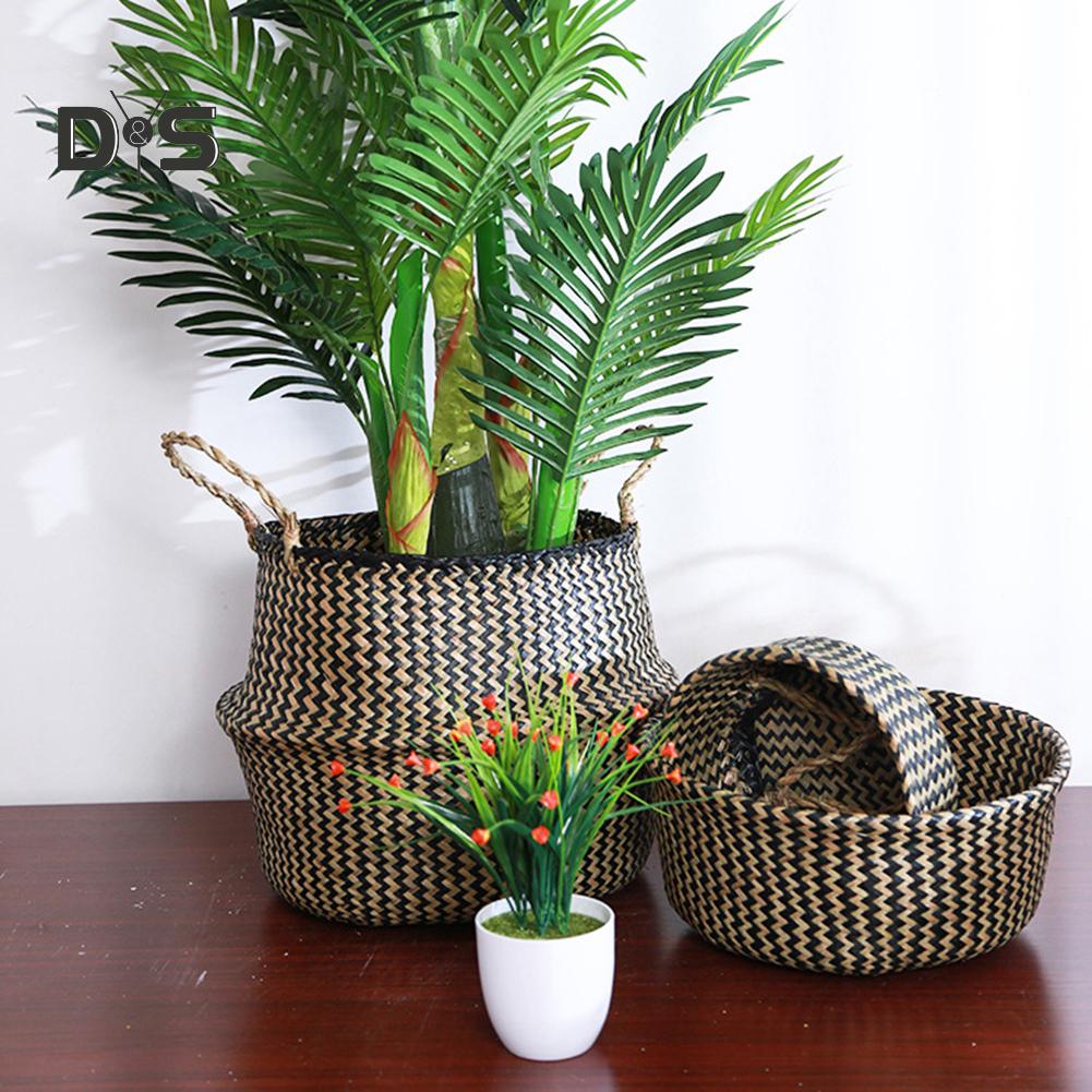 Dayuansheng Folding Straw Wicker Storage Basket Handle Garden Flower Pot Planter Laundry Bag