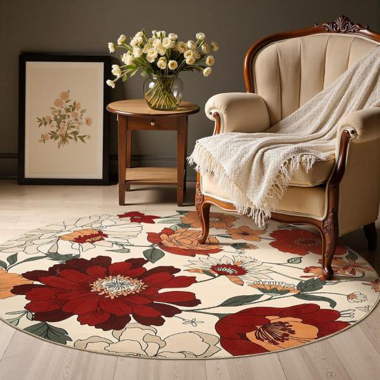 Round Floor Mat Plant Flowers Pattern Non-Slip Rubber Backing Machine Washable Decorative Rug Living Room Bedroom Kitchen Door Mat
