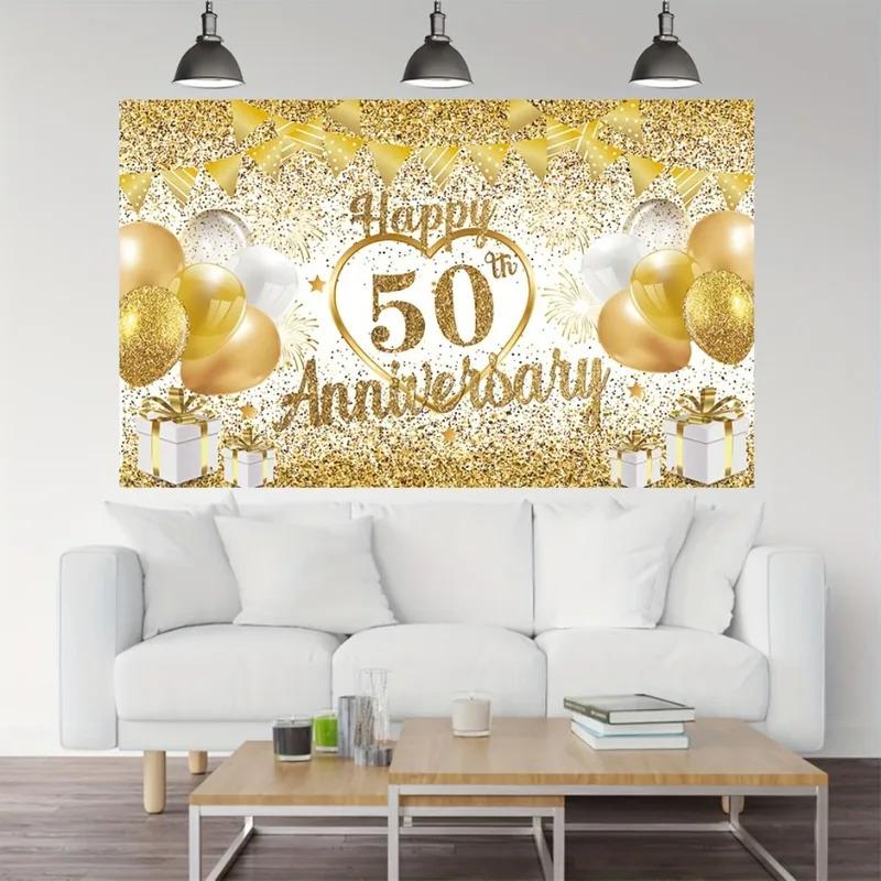 Un fondale nuziale piatto 2D in poliestere per il 50° anniversario e banner dorato, augurandoti un felice 50° anniversario, wsj