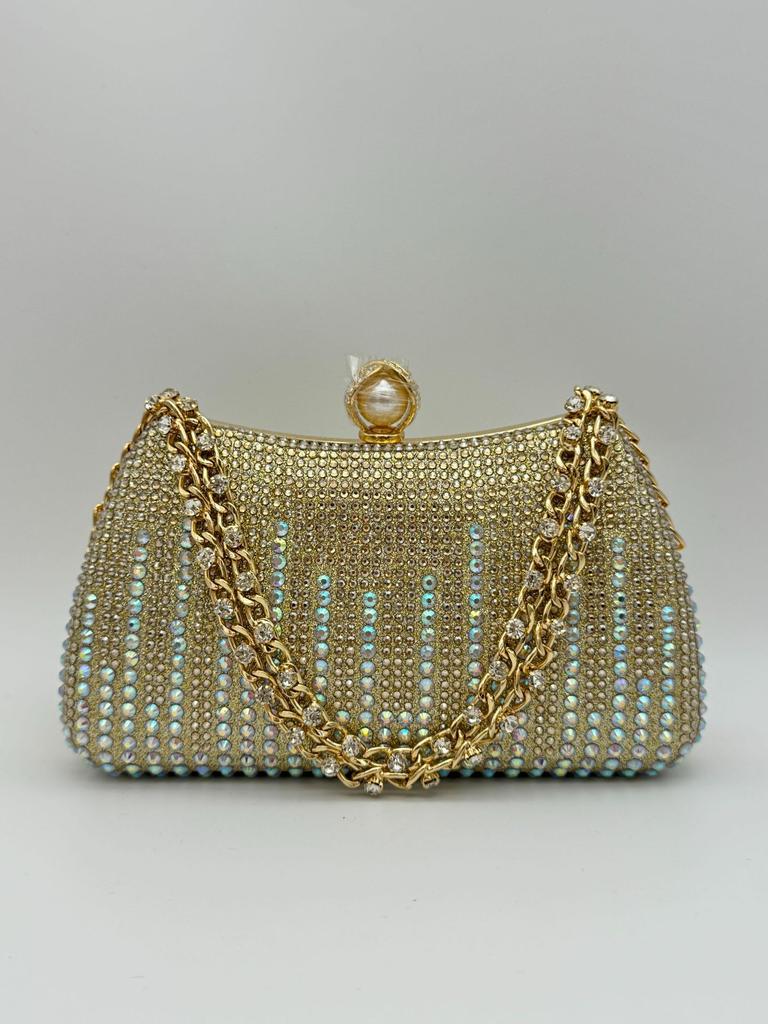 Exquisite Sparkling Rhinestone Embellished Pearl Topped Chain Strapped Evening Clutch in Black Silver and Champagne Colors