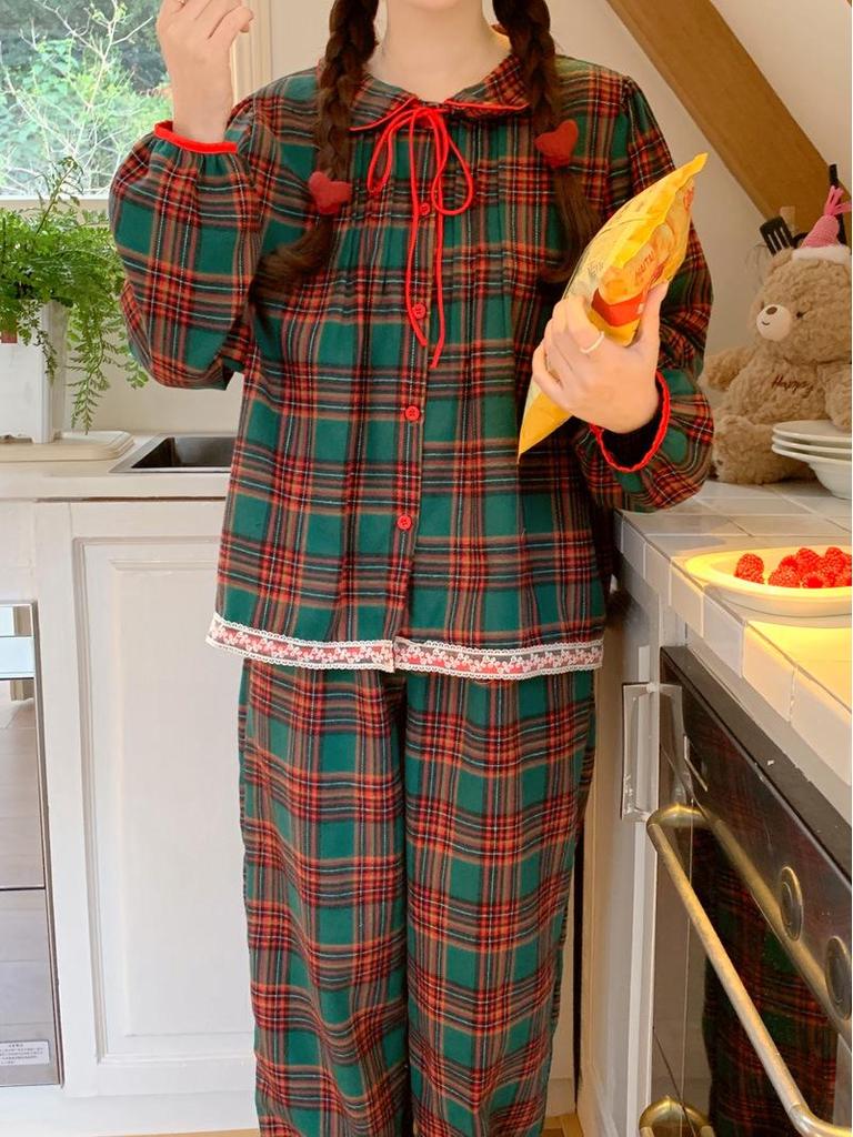 Корейський картатий різдвяний піжамний комплект для дівчаток - комірець Пітера Пена, довгий рукав та штани, осінньо-зимовий домашній одяг