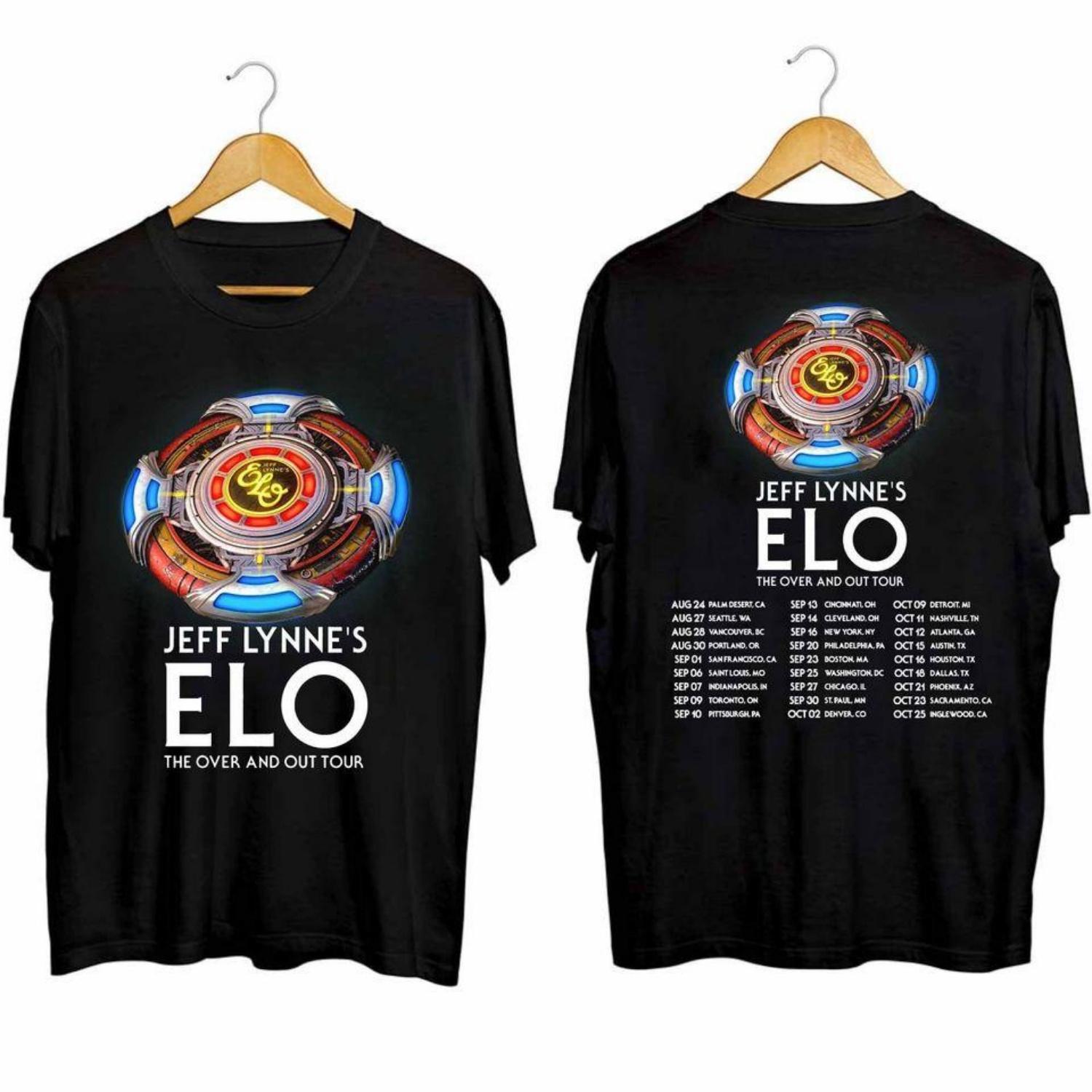 

Jeff Lynne s ELO The Over and Out Tour 2024 Двусторонняя футболка Модная Повседневная Свободная Уличная Спортивная С круглым вырезом Унисекс S чёрный