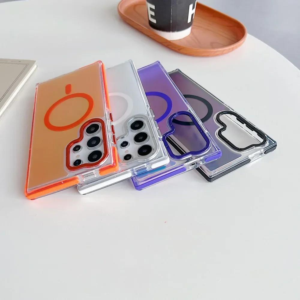 Metal Lens Phone Case For Samsung Galaxy S25 Edge S24 S23 S22 S21 Ultra Plus S24FE MagSafe Wireless Charge Discolour Clear Cover