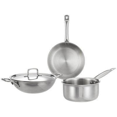 Üç Katlı Paslanmaz Çelik 3 Parça Tencere Seti(Kadhai/Wok 24 Cm, Kızartma Tavası - 24 Cm Ortak Kapaklı & Çay/Süt Sosluğu) İndüksiyon ve Gazlı Ocak Uyumlu,
