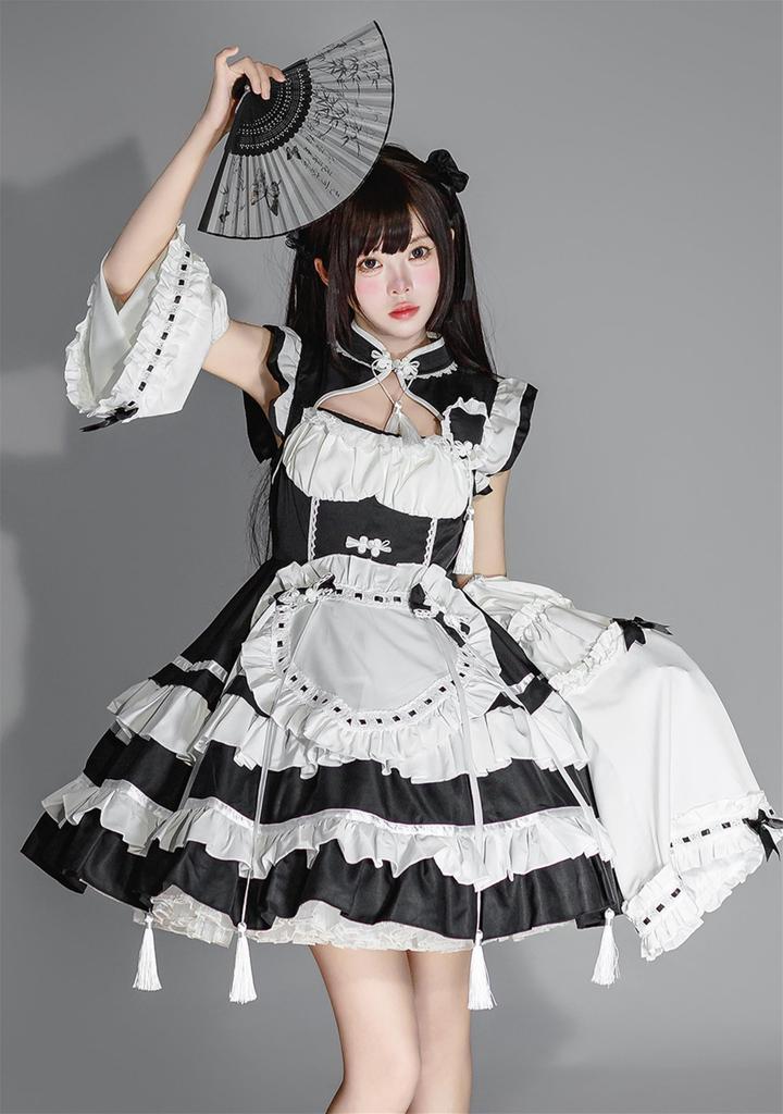 YZZYQQ Maid Cute Black and White Outfit with Gothic Alice in Wonderland Princess Classical and Plus Size Maid Size S Costume, Cosplay, Ribbon, Lolita,