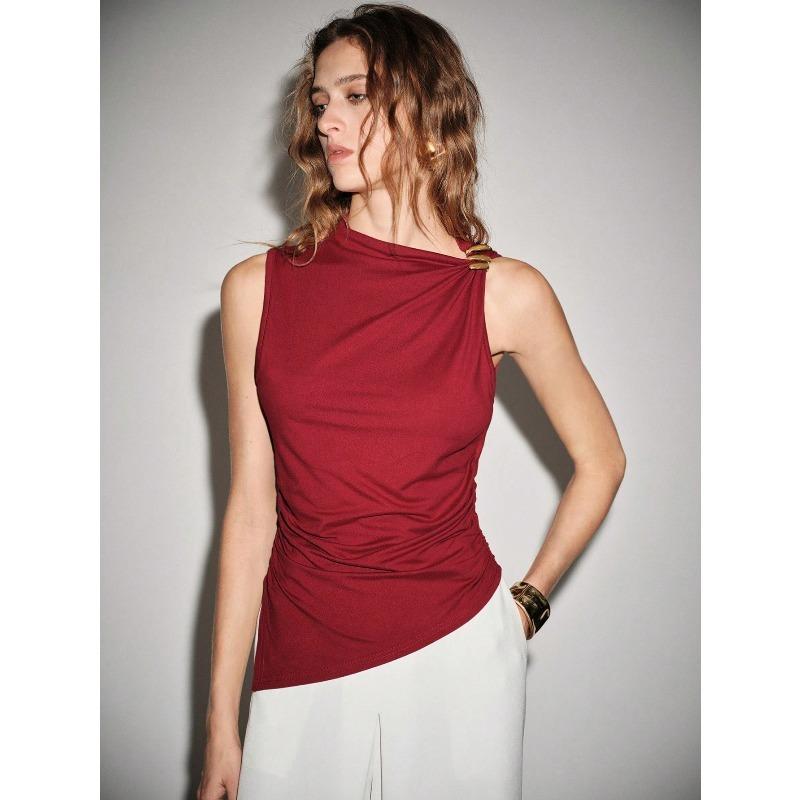 Simple Sleeveless Metal Ring Solid Color Thin Shirt Top Women