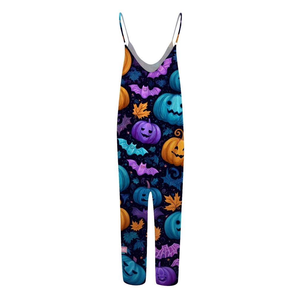 Womens Halloween Print Casual Loose Fit Jumpsuit Spaghetti Strap Wide Leg Romper One Piece Outfit for Everyday Wear