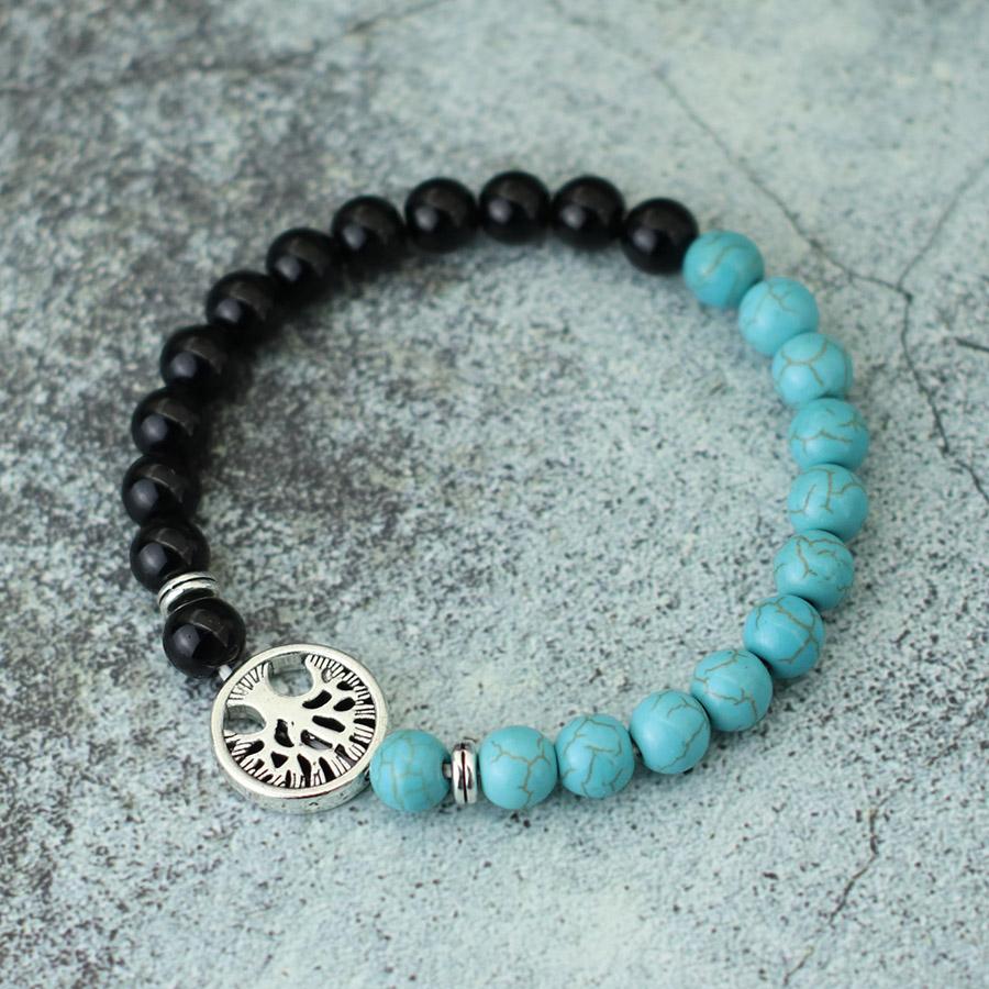 

New Fashion Life Tree Bracelet For Men Bicolor Natural Tiger Eyes Obsidian Stone Braslet Lucky Red Howlite Charm Braclet Pulsera