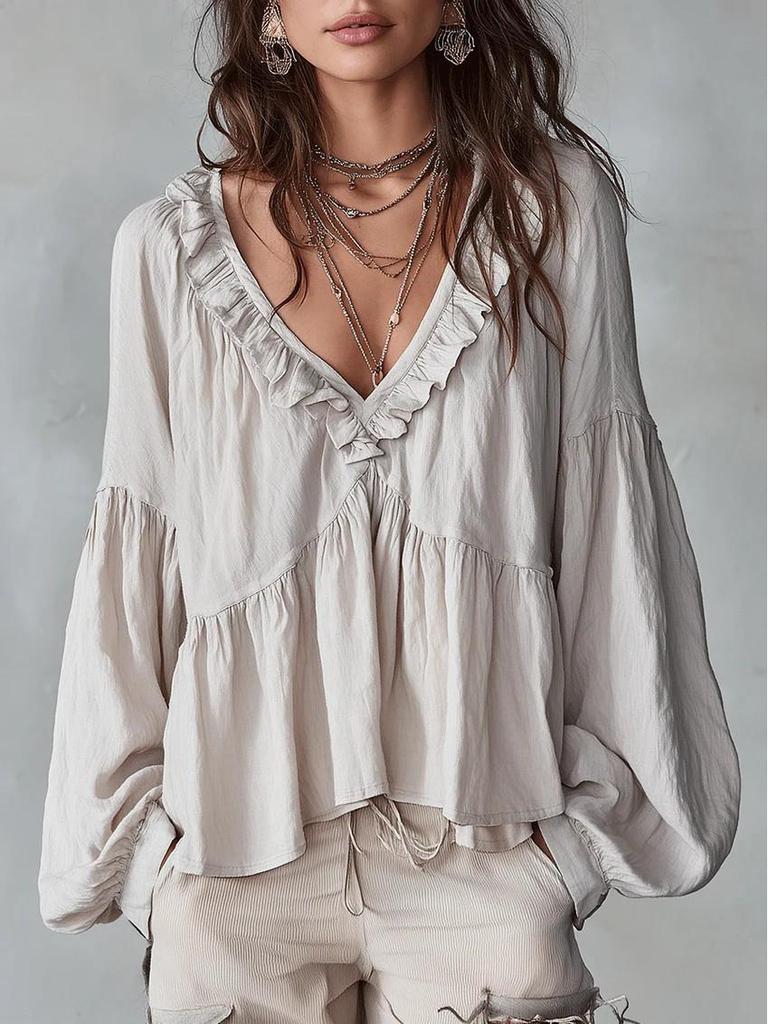 2026 Spring/Summer Ruffled Puff Sleeve Pleated Shirt - European & American Style