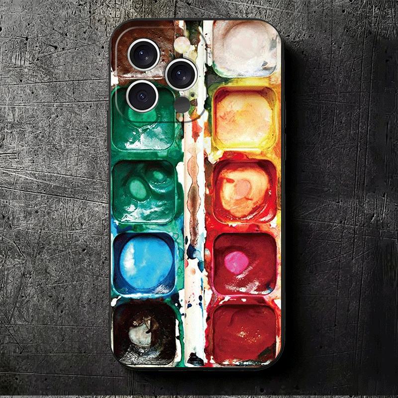 Watercolors Set Paint Palette Soft Phone Case for iPhone 16 16E 17 Air 15 Pro Max 14 Plus 13 Mini 11 12 7 Black Cover Back Shell