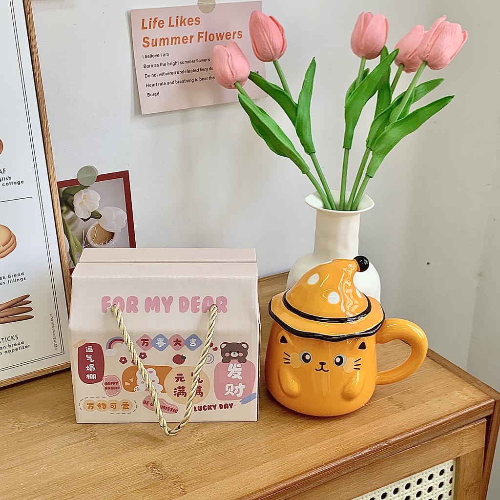 Cat mug with lid Ceramic cup Girls water cup Office coffee Breakfast cup Birthday gift souvenir