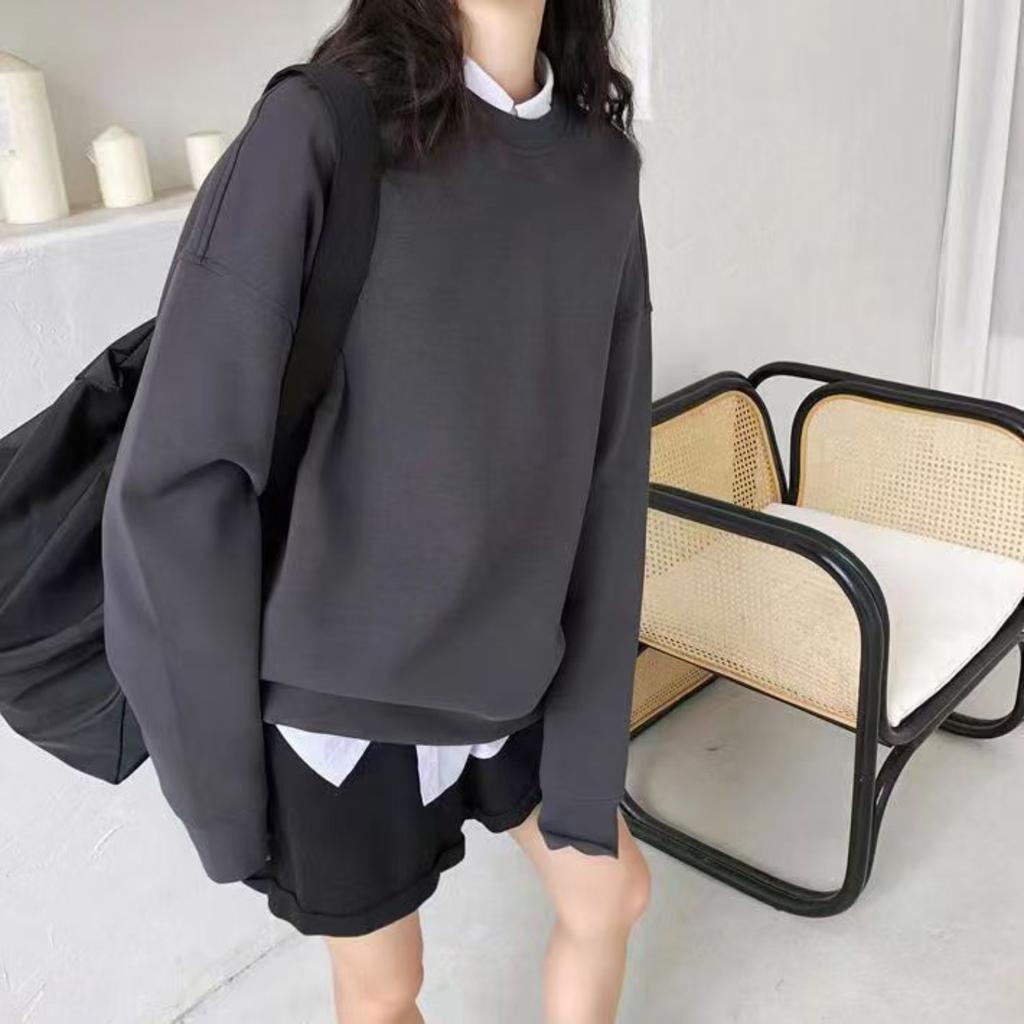 Unisex Round Neck Long Sleeve Loose Fit Sweatshirt Fleece Lined Casual Top
