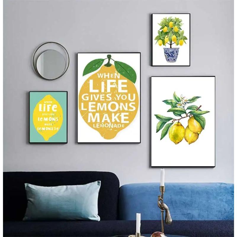 Lemon Print Chinoiserie Planter Bonsai Canvas Painting Zen Decor Oriental Art Blue White Willow Style Lemon Poster Kitchen Decor
