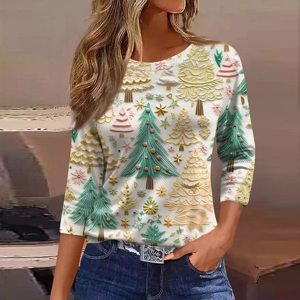 Dame Mote Casual Trekvartsermet Juleprintet Hals Topp