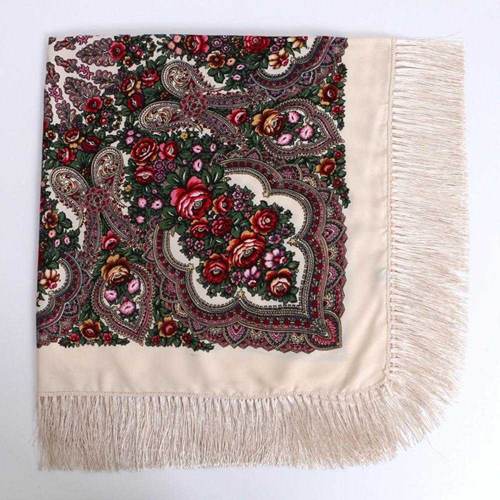 Cotton Twill Square Scarf 130x130 cm Ethnic Style Scarf Vintage Fringed Shawl Travel