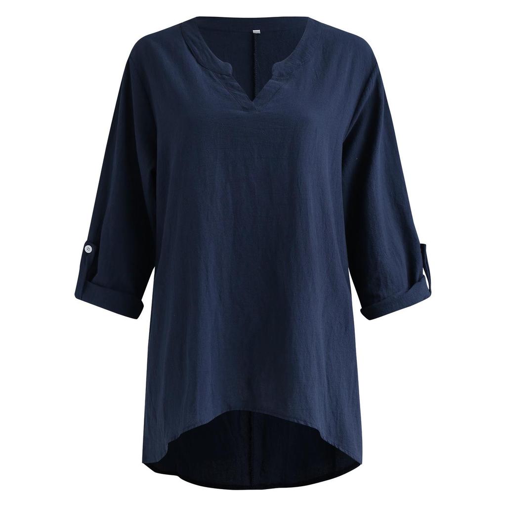 Women's European & American V-Neck Cotton-Linen Long Sleeve Button-Down Shirt - Autumn/Winter