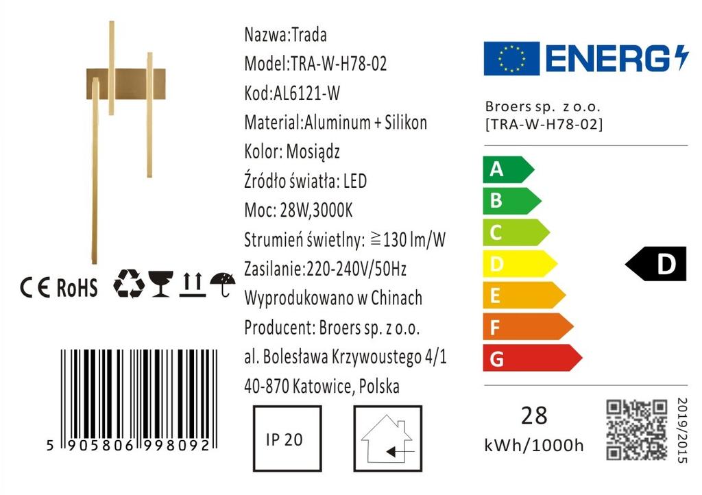 Trada - LED Wall Lamp, 28W, 70cm Gold Brass