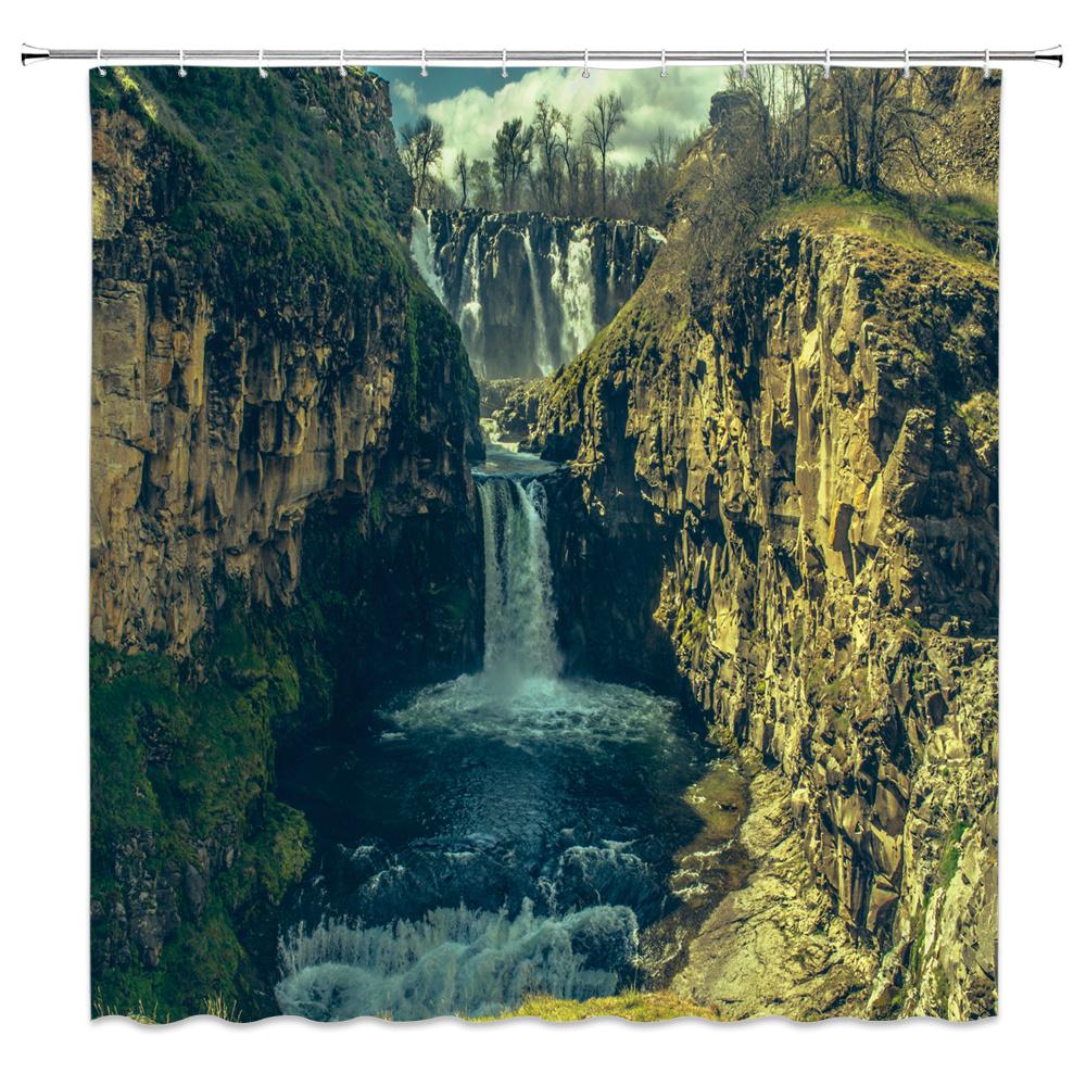 Natürliche Landschaft Duschvorhänge Wasserfall Grüne Wiese Blume Frühling Landschaft Badezimmer Dekor Wasserdichtes Stoffvorhang-Set
