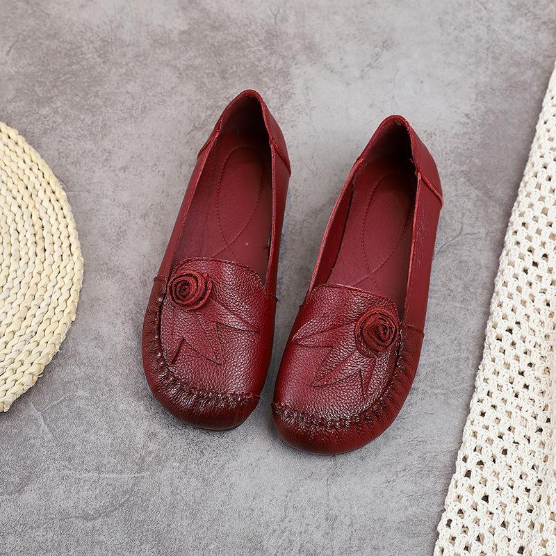 Mom single shoes leather soft sole soft surface medium and old women's shoes flower handmade women's shoes cowhide