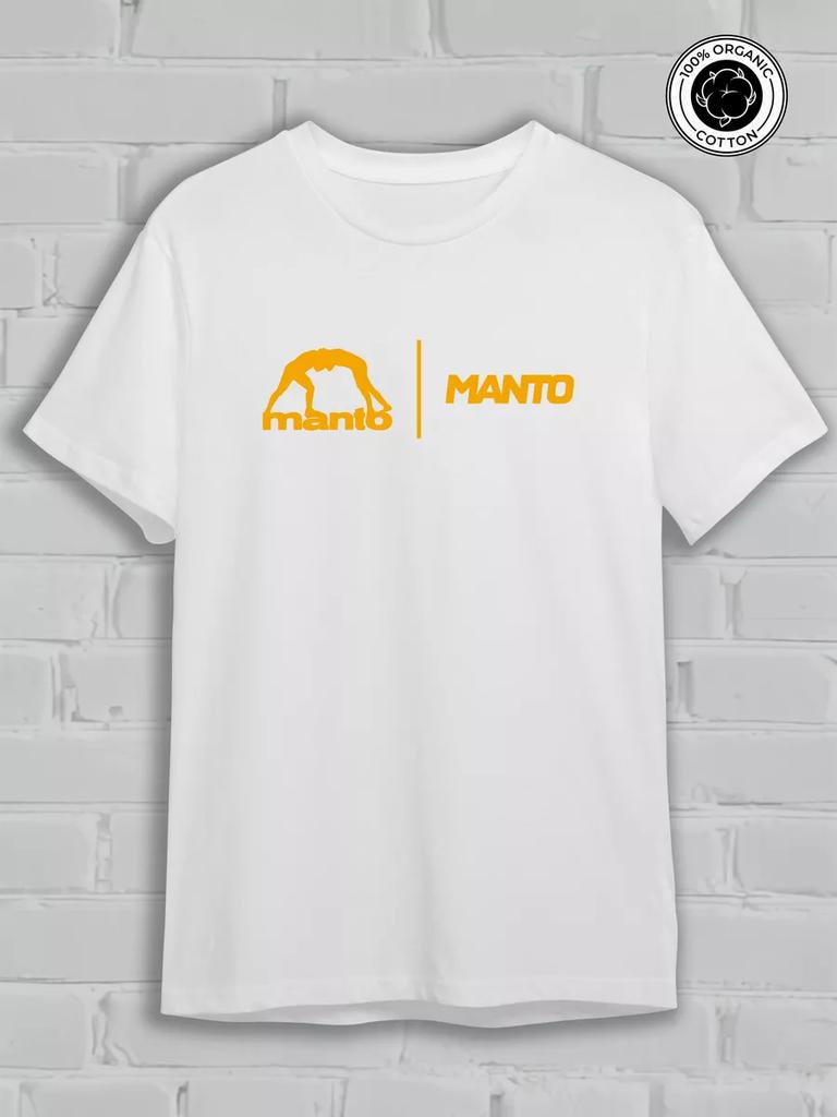 Manto White Crew Neck Short Sleeve T-Shirt with Yellow Wrestling Figures MANTO