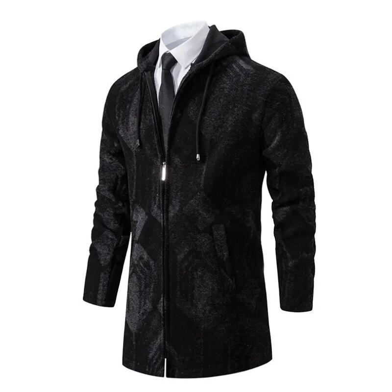 Autumn Winter Men's Fleece Mid Length Hooded Knit Cardigan Casual Knitwear Coat Thickened Warm Sweatercoat Men
