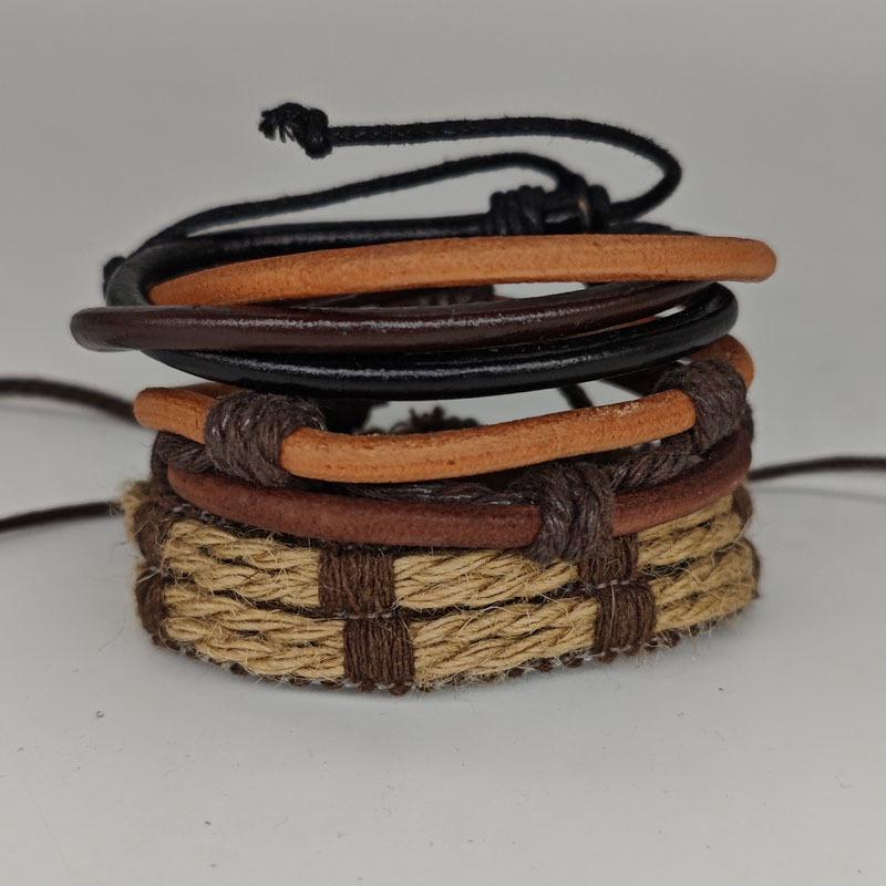 Minimalist Handmade Hemp Rope and Leather Bracelet Set: Unisex Retro Star Design