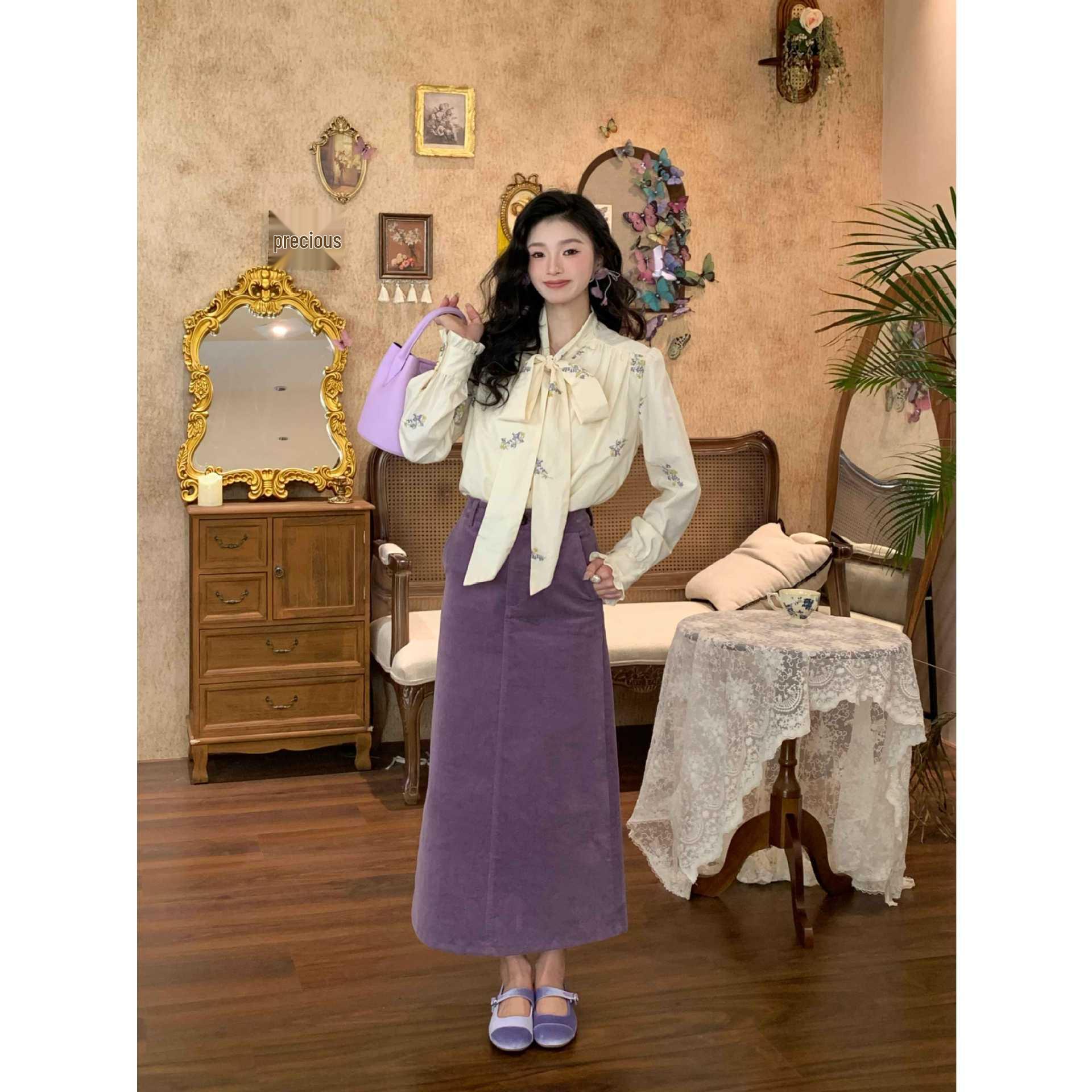 Elegant High-Waisted Corduroy Half Skirt - Slimming Autumn Style Large фиолетовый