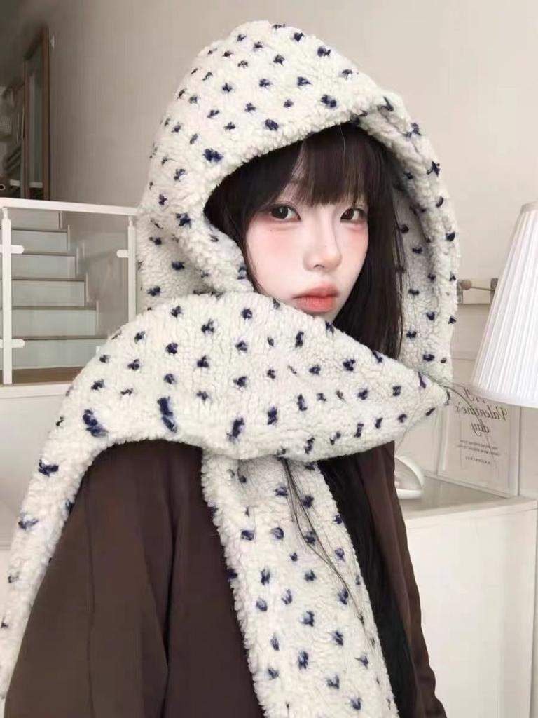 Korean Atmosphere Hat and Scarf Integrated Women's Autumn and Winter Thickened Warm Plush Hooded Scarf Two-piece Set Windproof and Cold-proof
