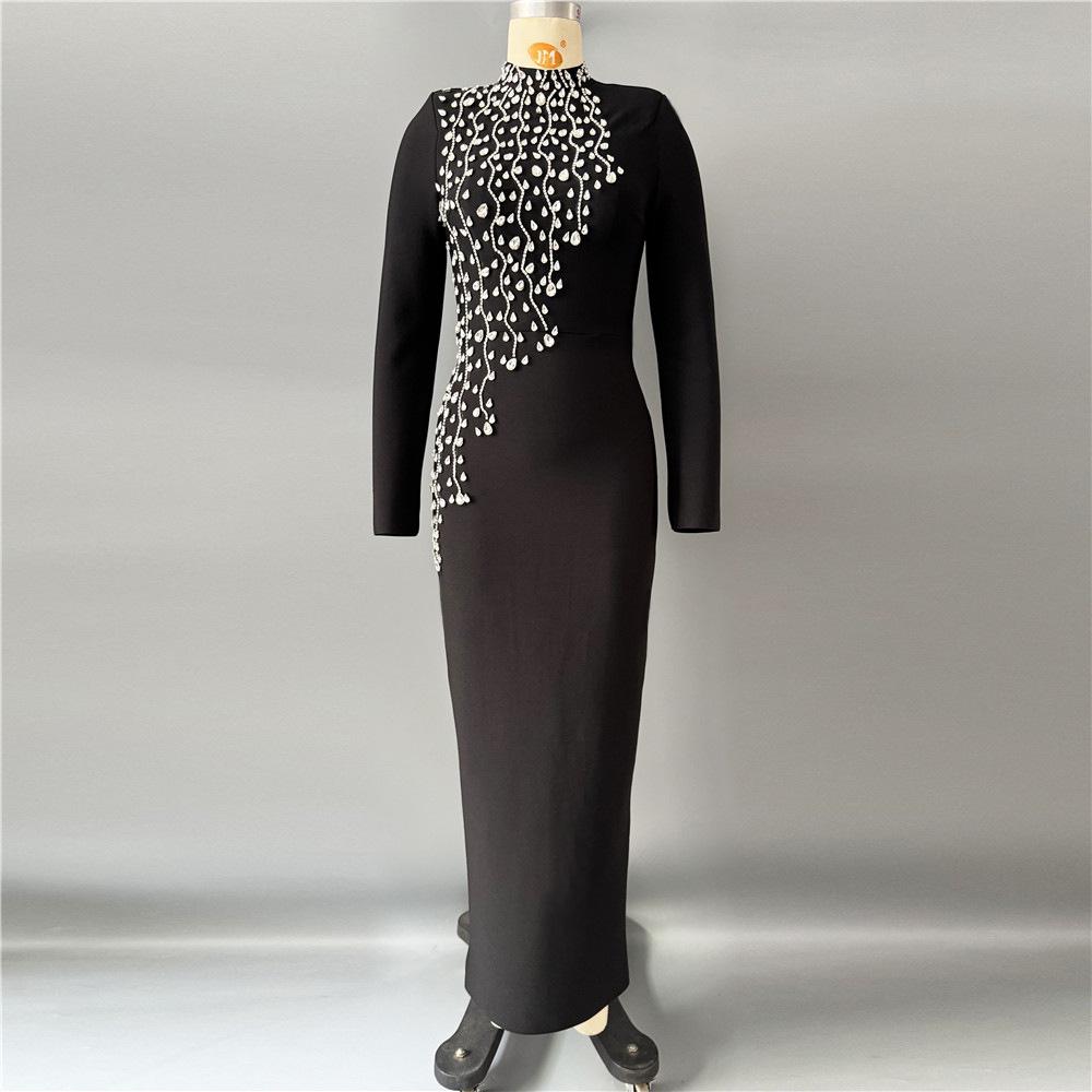 Elegant Hand-Beaded Long-Sleeve Bandage Evening Dress