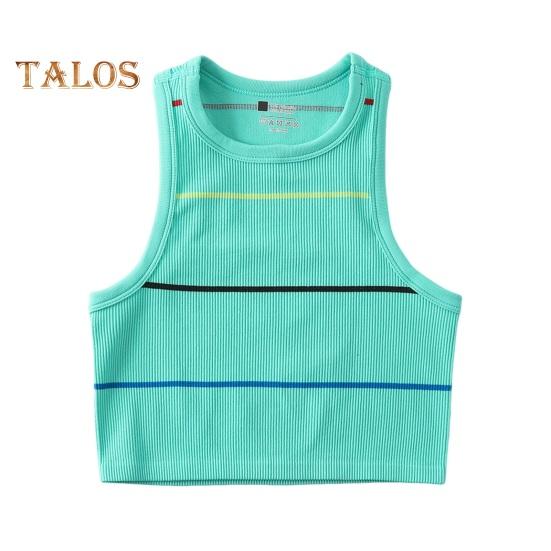 Damski prążkowany top na ramiączkach bez rękawów z okrągłym dekoltem, dopasowany, letni krótki top do noszenia na co dzień, na plażę, do sportu