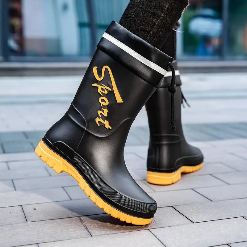 Fashion 2025Mid-calf Rain Boots Men Slip-On Waterproof Rubber Rain Shoes Work Mud Boots Warm Durable Non-Slip Boots Farming Fishing Camp