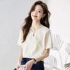 T-shirt corta tinta unita con trafori, manica corta, lunghezza spalle, estate, nuovo, versatile, moda, scollo a V, top