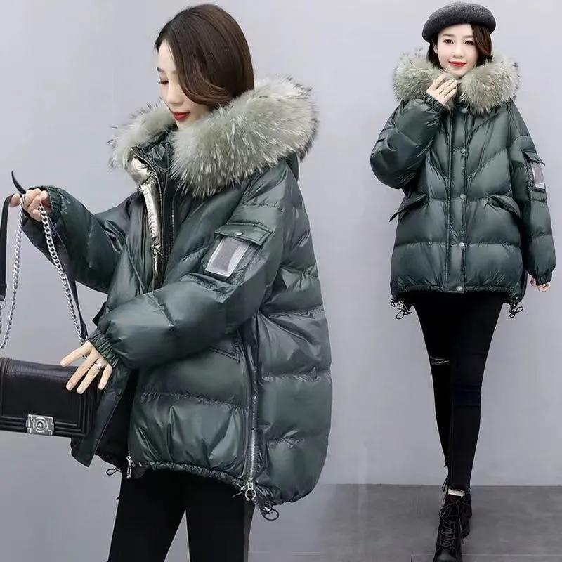 Zimní Volný Dámský Zateplený Parka Puffer Kabát Ležérní Nošení Teplá Bunda z Prachového Peří a Bavlny s Velkým Kožešinovým Límcem Kabát s Kapucí