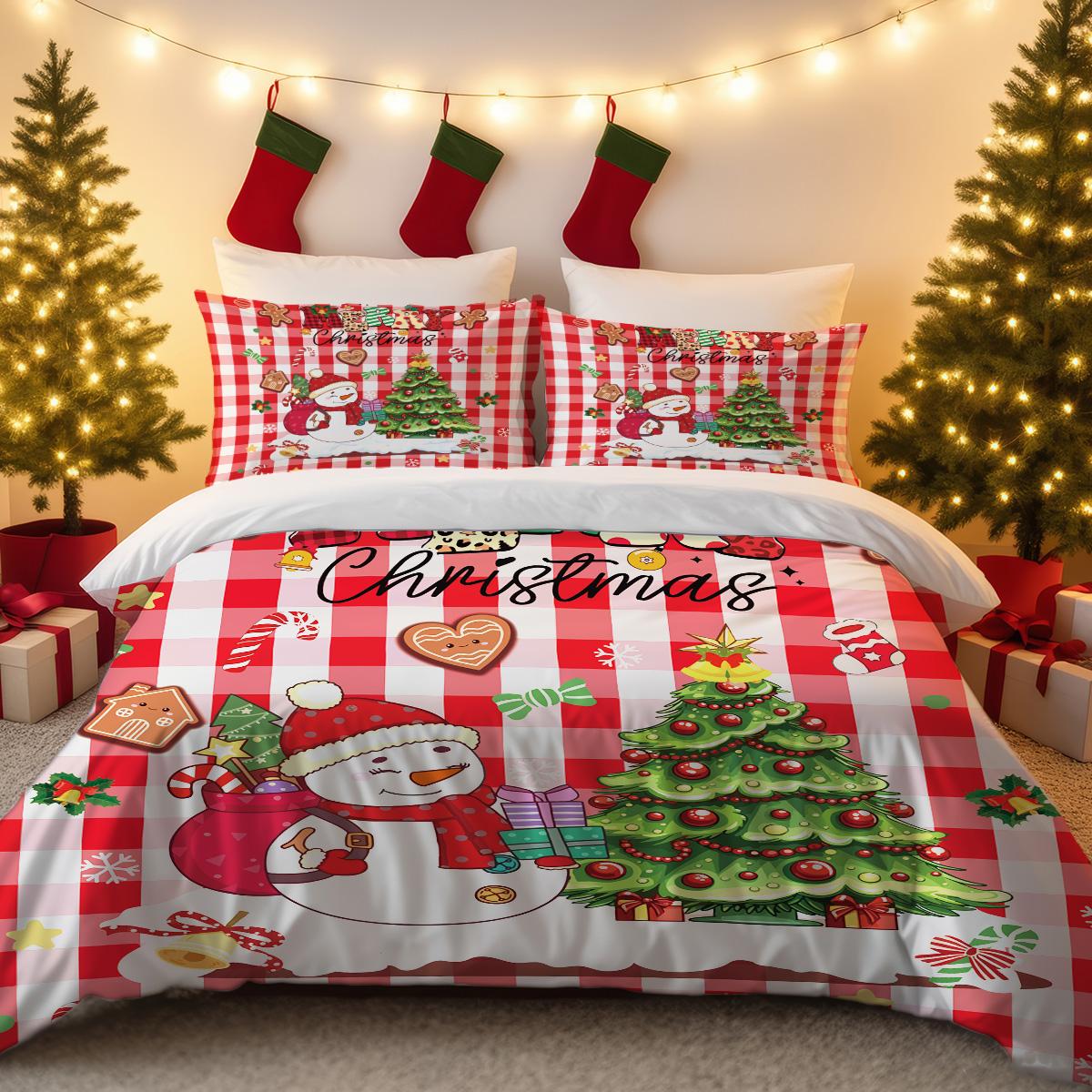 

Christmas Bedding Collection - 3PCS Set, Red Check Pattern, Featuring Snowman, Tree and Holiday Elements 135x200cm-EU-Single&set