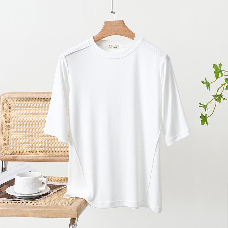 Women's Summer Patchwork Loose T-Shirt with Round Neck and Five-Sleeve Design