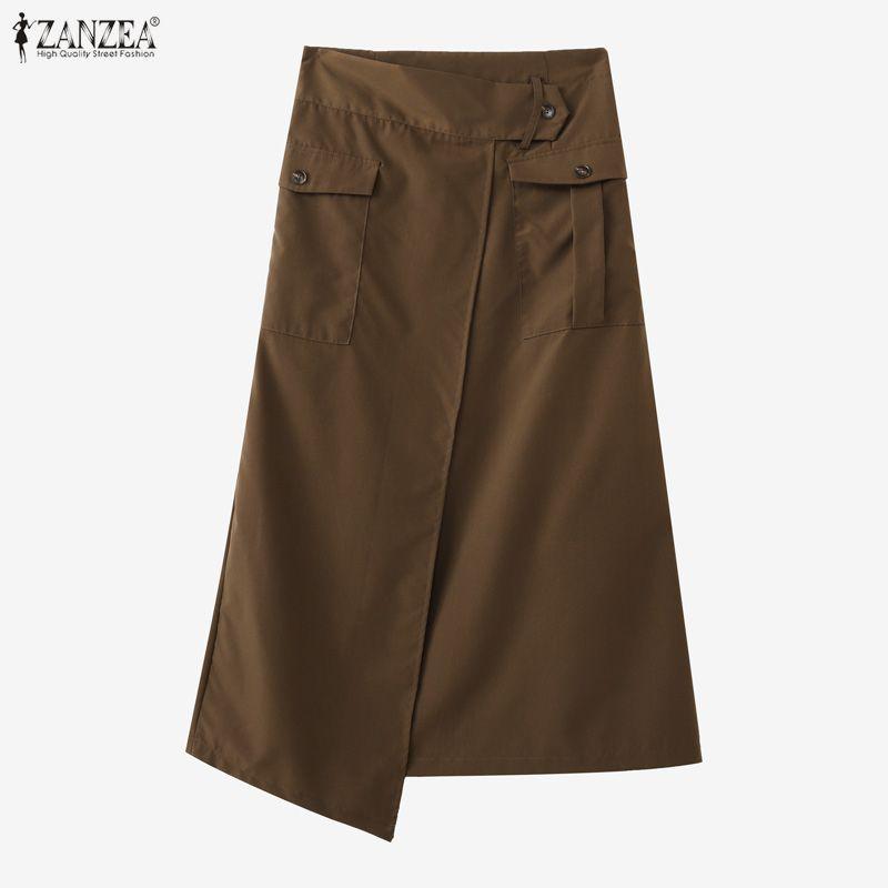 ZANZEA Women Casual Elastic Waist Solid Color Midi Skirts