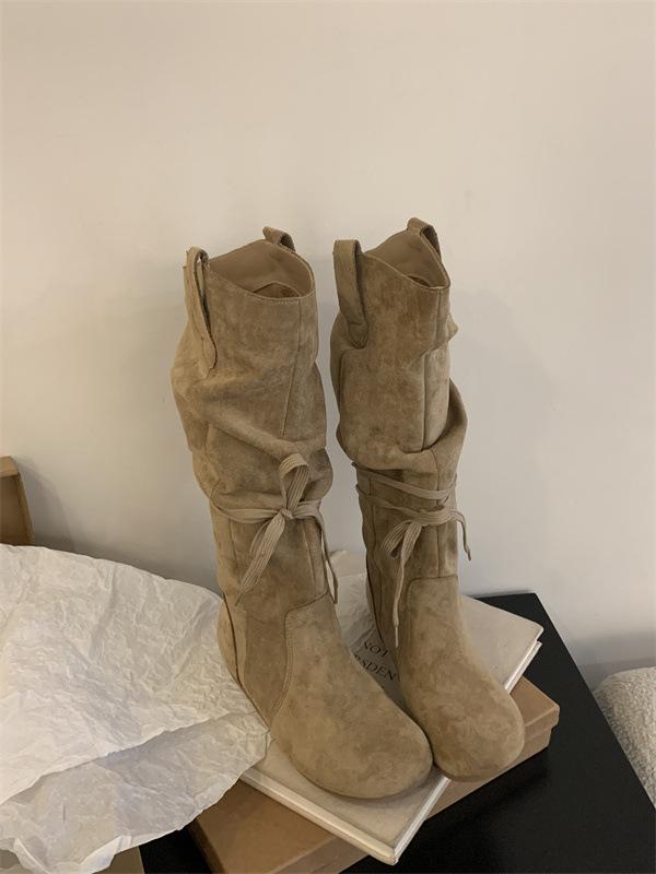 

2025 autumn and winter new retro round head suede boots inner height increase women s boots lace-up versatile high boots 39 хаки