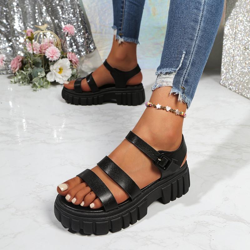 Women's Open-Toe Platform Slide Sandals With Buckle Strap, Comfortable Thick-Soled Footwear, Available In Large Sizes.