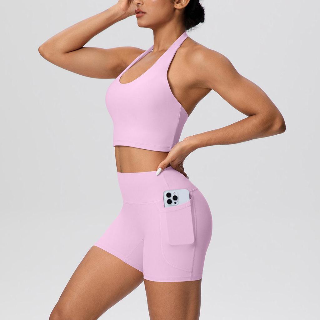 Cross-Border Halter Sports Vest & High-Waist Pocket Yoga Shorts Set
