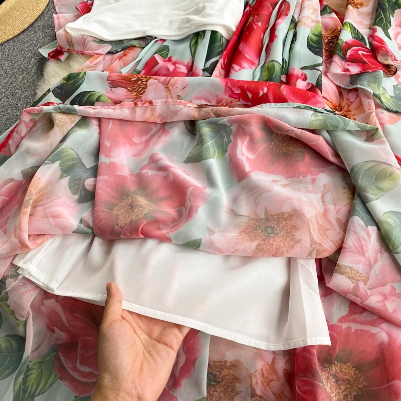Summer Flower Series Elegant Print Fairy New Seaside Holiday Bell Sleeve Flowy Chiffon Dress
