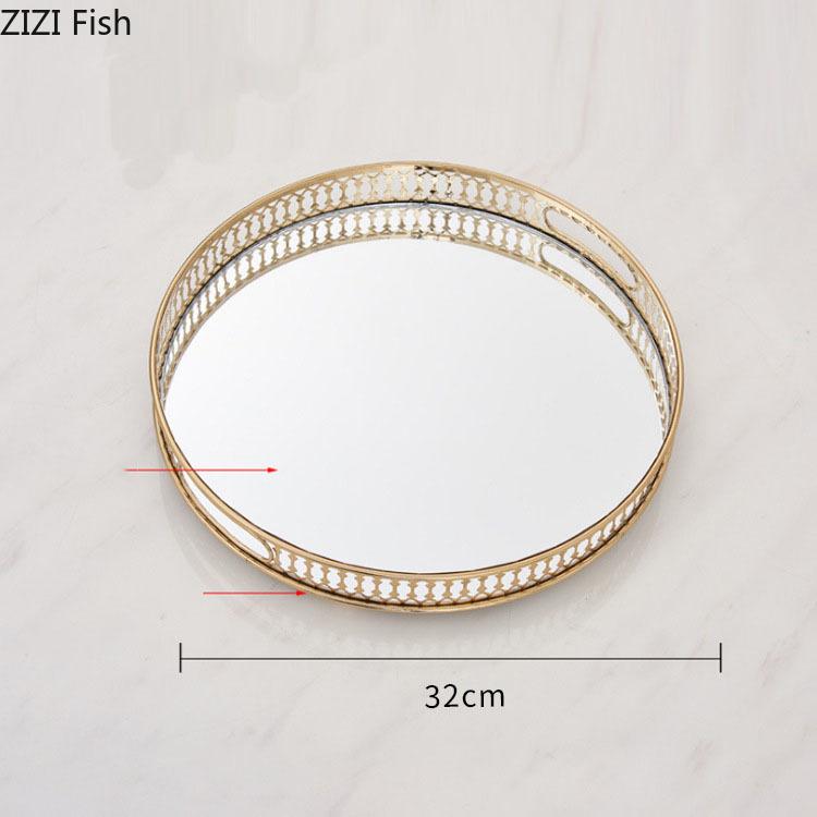 Gold Trays Decorative Vintage Mirror Glass Storage Tray Rectangle/round Fruit Plate Desktop Small Items Jewelry Display Plate